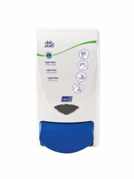 Deb Stoko Cleanse Light dispenser for cream soap with cleansing effect, white plastic with blue push button, 1 L