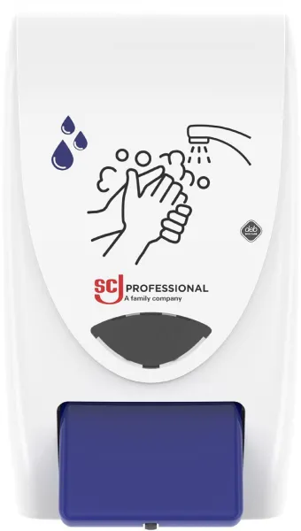 Deb Stoko Cleanse Light dispenser for cream soap with cleansing effect, white plastic with blue push button, 2 L